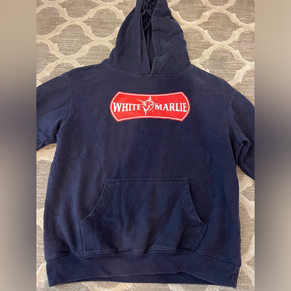 White Marlie Navy Hoodie with Red Logo Boys Size Large